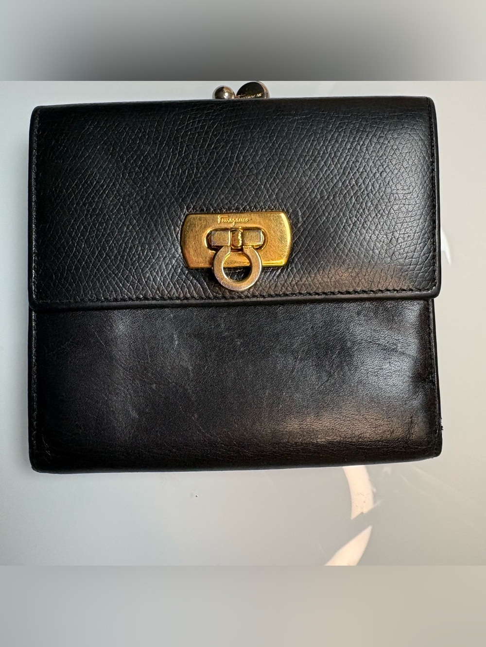 Vintage Salvatore Ferragamo Black Leather Gancini Wallet Clutch Made in Italy
